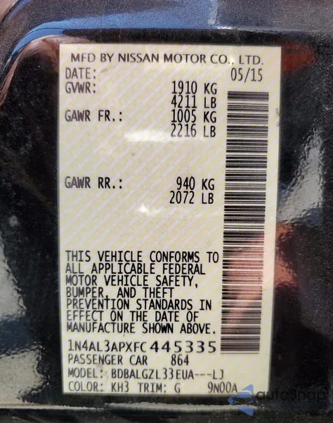 2015 Nissan Altima 2.5 from USA, damaged, VIN 1N4AL3APXFC445335